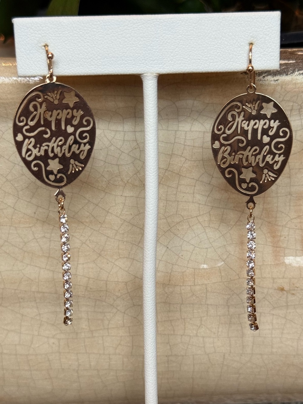 Gold "Happy Birthday" Drop Earrings with Crystal Dangle NWT